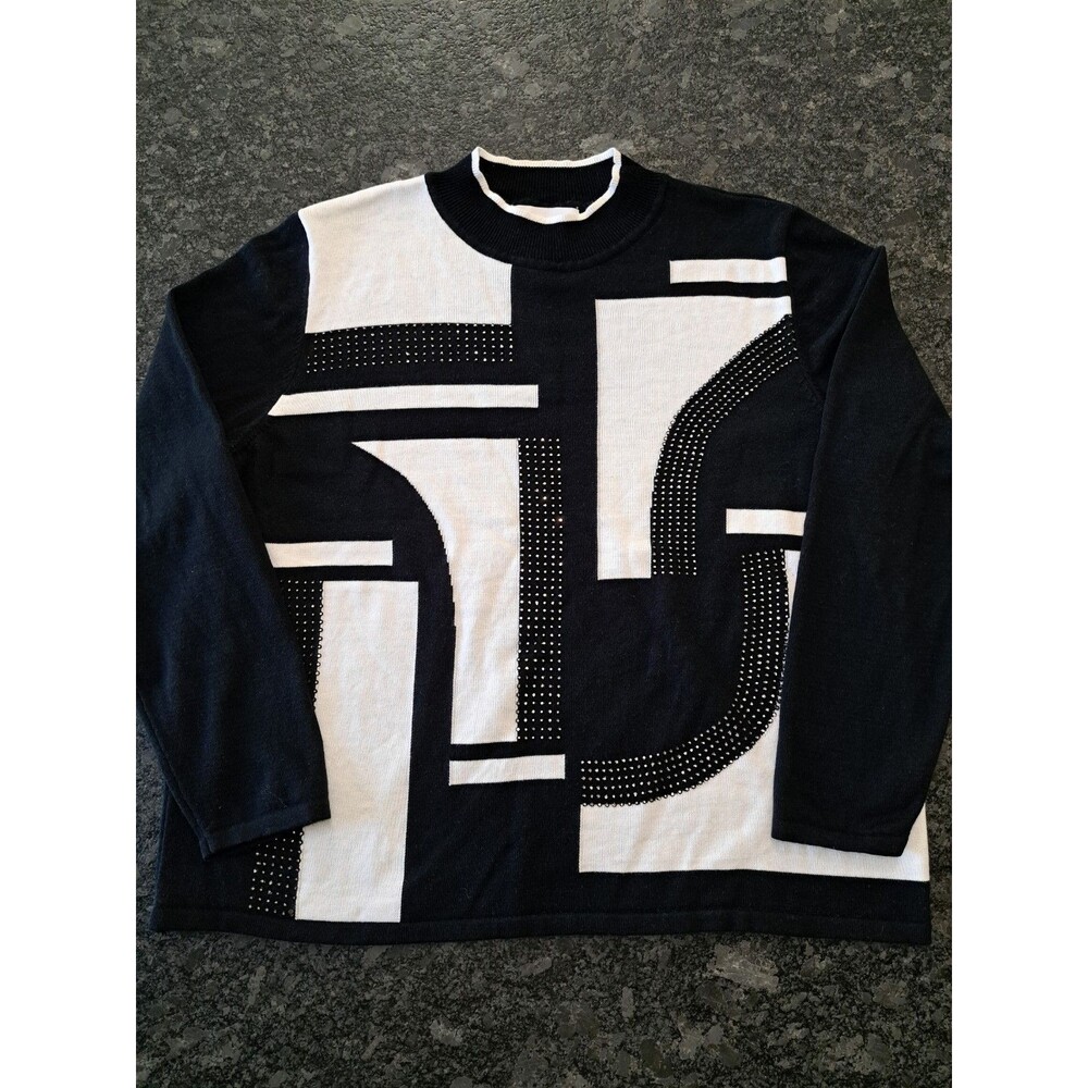 Alfred Dunner Sweater Black & White Geometric Design Beaded Size XL